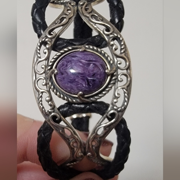 Carolyn Pollack/Relios Sterling Silver Leather Purple Charoite Cuff Bracelet - Picture 1 of 7